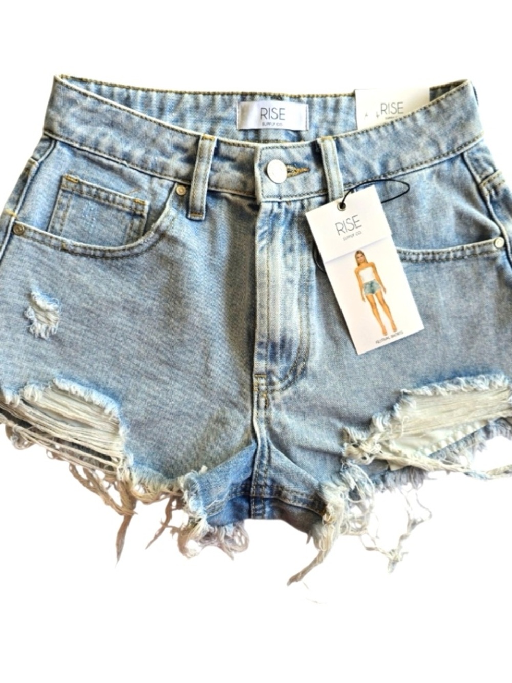 Light Blue Distressed Denim Shorts - Women's